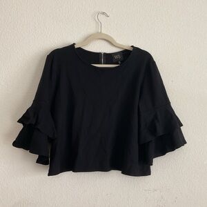 W5 Black Flutter Sleeve Blouse with Ruffled Boxy Design